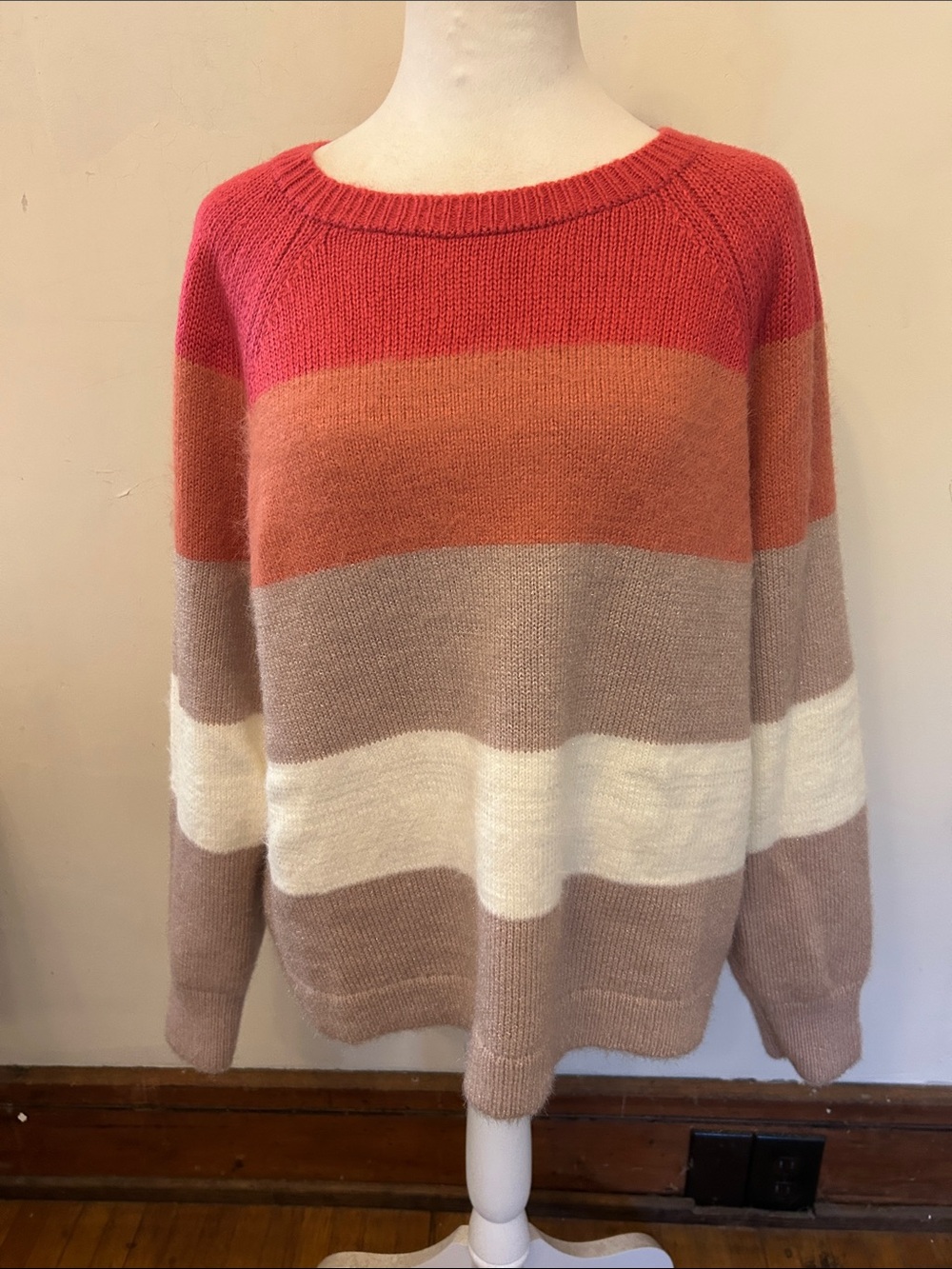 Loft Striped Crewneck Sweater in Pink, Peach, Cream Size L NWOT